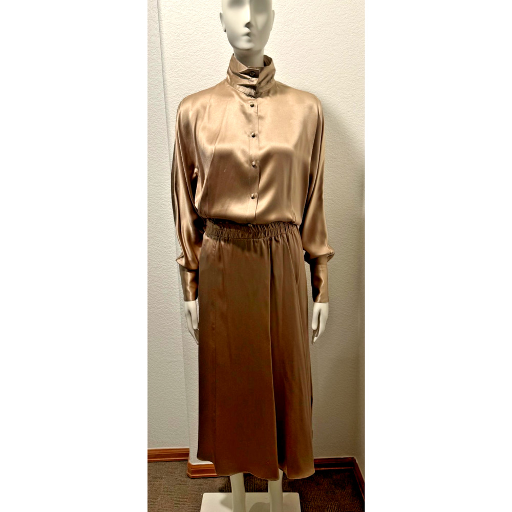 VTG Women's Blouse and Skirt Set Stefano Studio 100% Silk Sz 4 Taupe Gold
